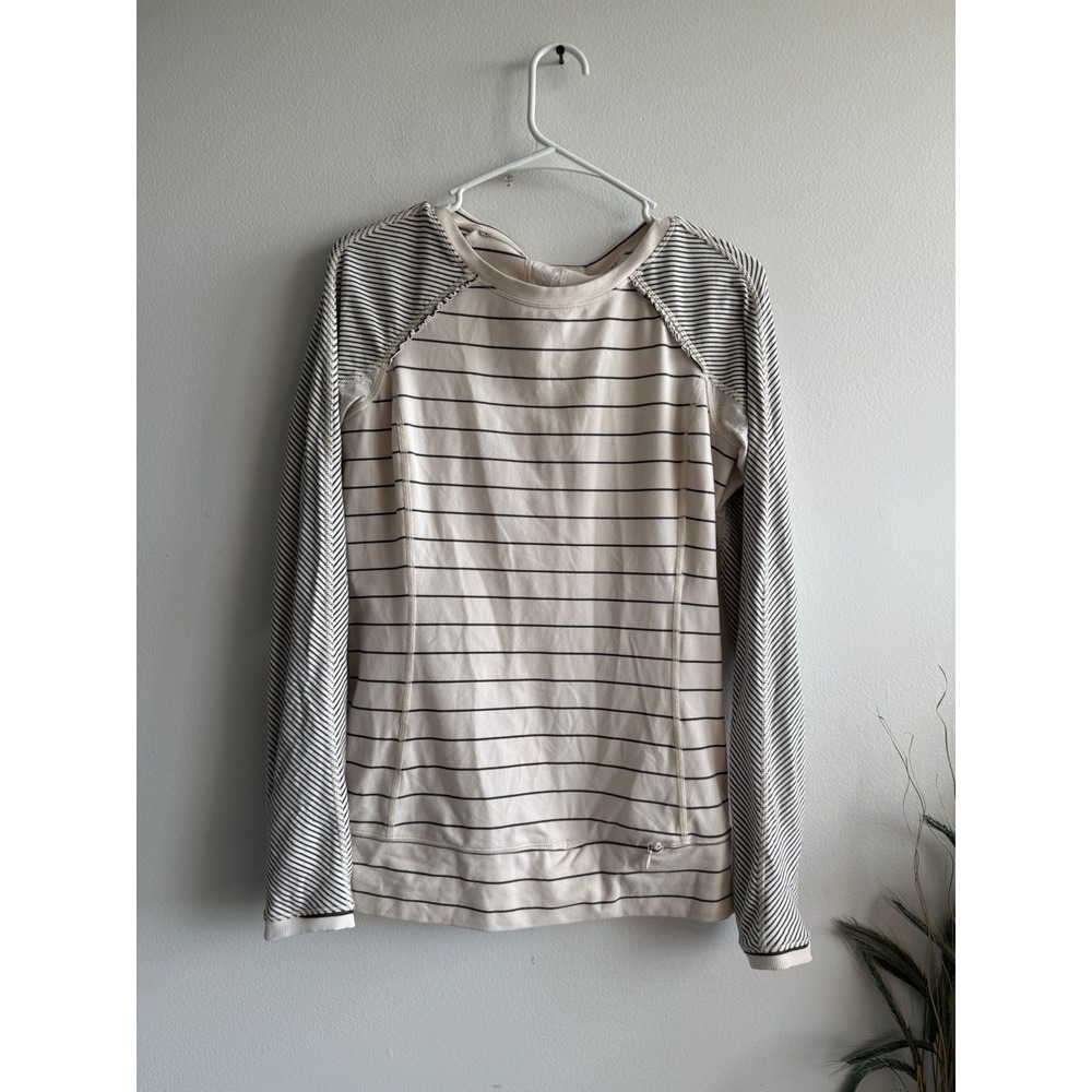 Lululemon Womens Striped Long Sleeve Activewear Top Mesh Back Cream Navy Blue